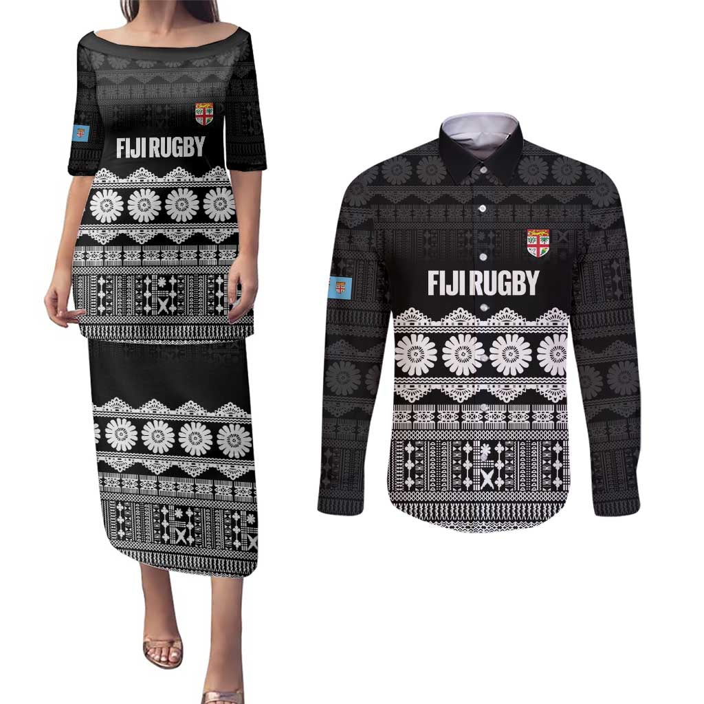 Fiji Tapa Rugby Custom Couples Matching Puletasi and Long Sleeve Button Shirt Go Fijiana - Polynesian Pride