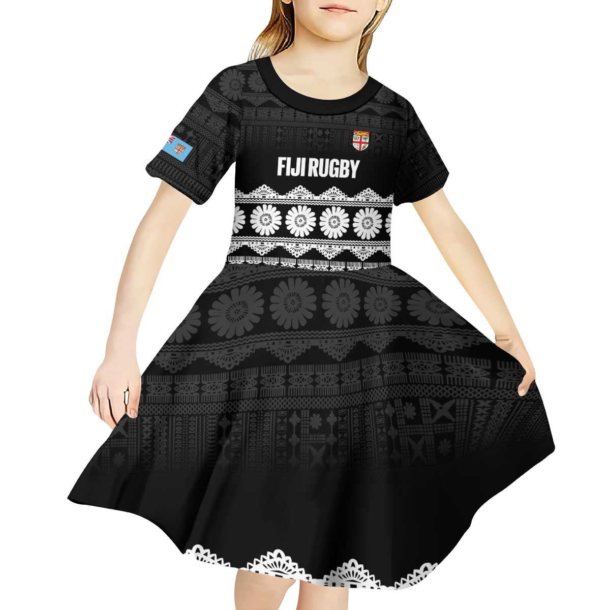 Fiji Tapa Rugby Custom Kid Short Sleeve Dress Go Fijiana - Polynesian Pride