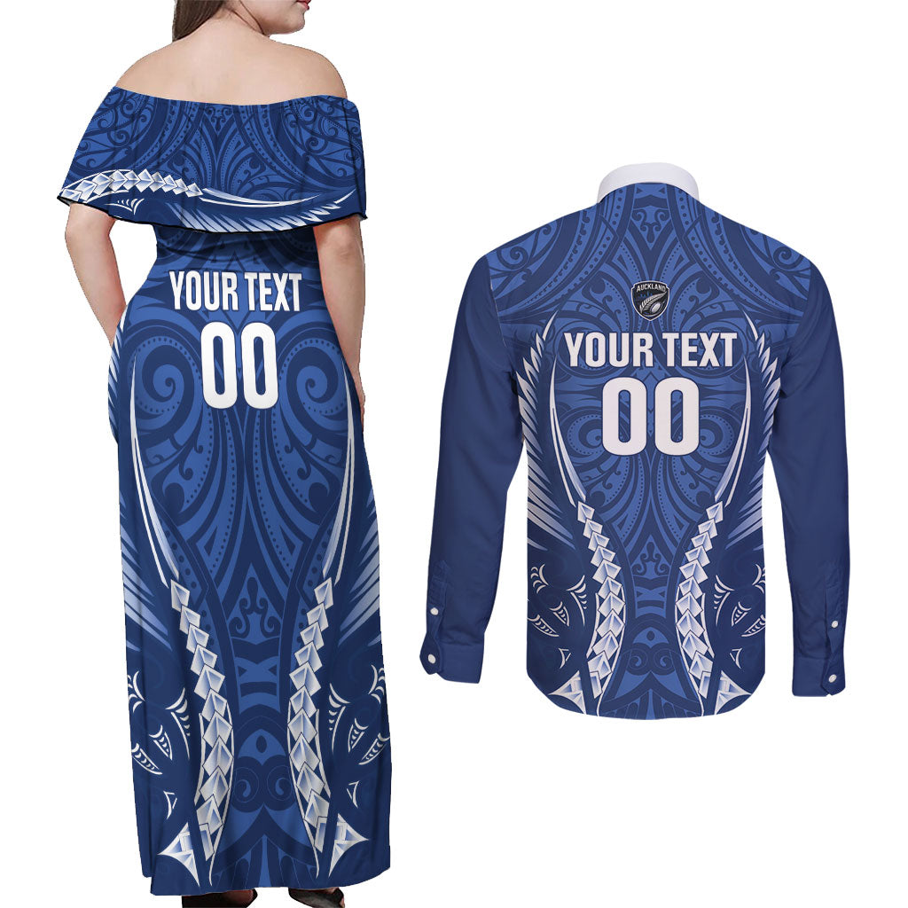 Auckland 2026 Rugby Custom Couples Matching Off Shoulder Maxi Dress and Long Sleeve Button Shirt NZ Maori Silver Fern