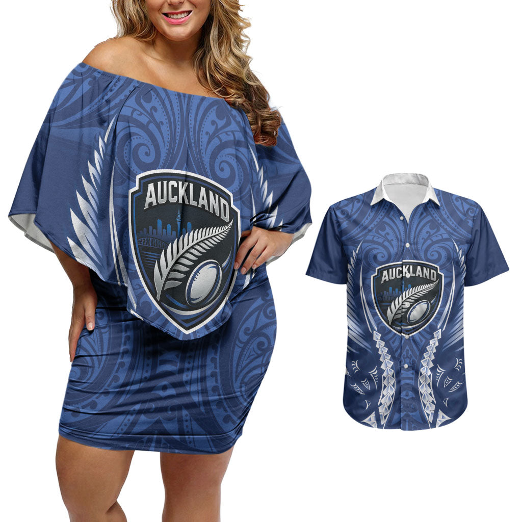 Auckland 2026 Rugby Custom Couples Matching Off Shoulder Short Dress and Hawaiian Shirt NZ Maori Silver Fern LT14 Blue - Polynesian Pride