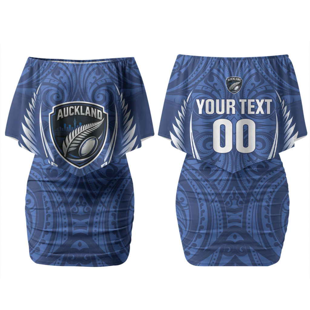 Auckland 2026 Rugby Custom Couples Matching Off Shoulder Short Dress and Hawaiian Shirt NZ Maori Silver Fern LT14 - Polynesian Pride