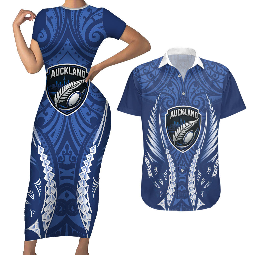 Auckland 2026 Rugby Custom Couples Matching Short Sleeve Bodycon Dress and Hawaiian Shirt NZ Maori Silver Fern