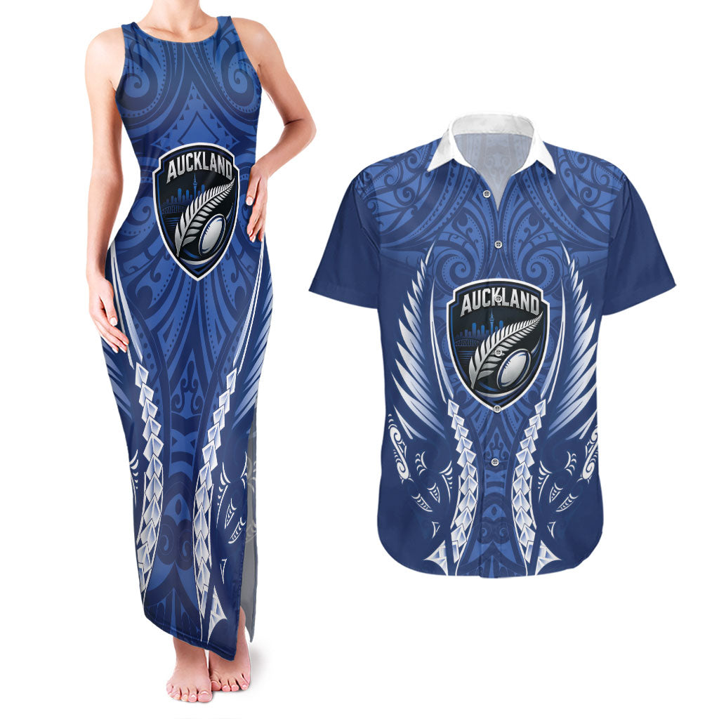 Auckland 2026 Rugby Custom Couples Matching Tank Maxi Dress and Hawaiian Shirt NZ Maori Silver Fern LT14 Blue - Polynesian Pride