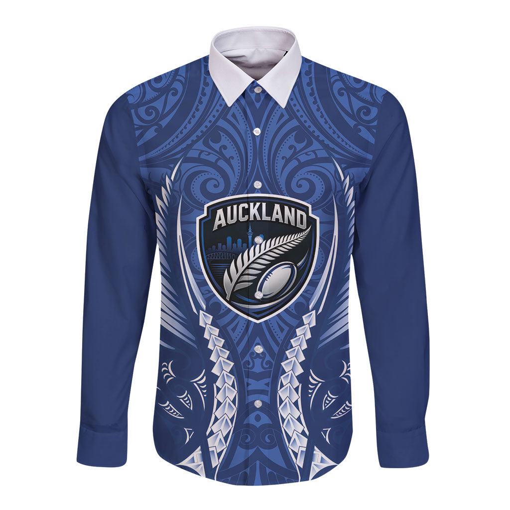 Auckland 2026 Rugby Custom Long Sleeve Button Shirt NZ Maori Silver Fern LT14 Unisex Blue - Polynesian Pride