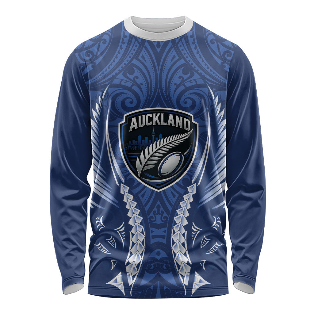 Auckland 2026 Rugby Custom Long Sleeve Shirt NZ Maori Silver Fern LT14 Unisex Blue - Polynesian Pride
