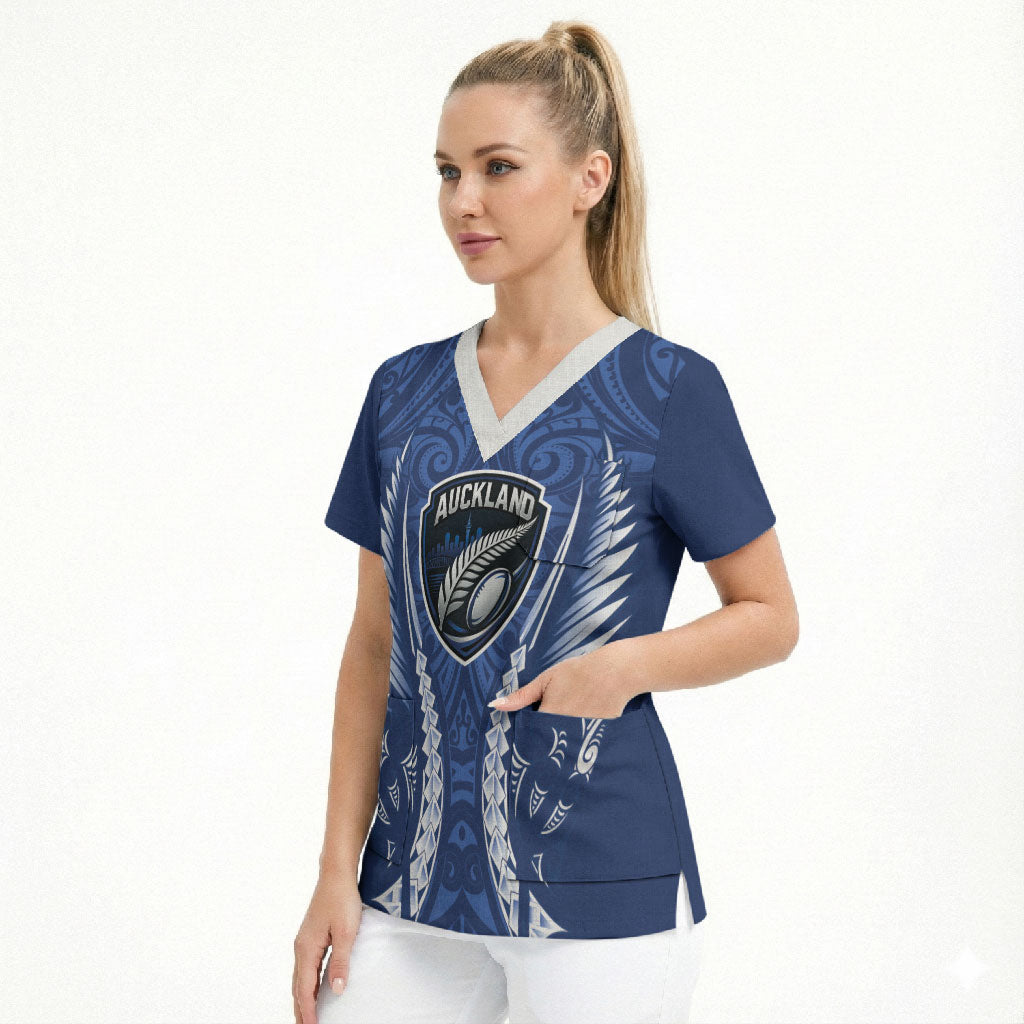 Auckland 2026 Rugby Custom Scrub Top NZ Maori Silver Fern LT14 - Polynesian Pride