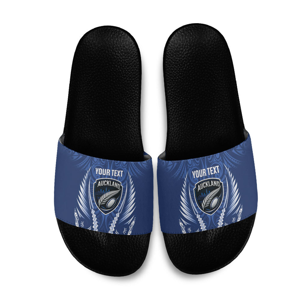 Auckland 2026 Rugby Custom Slide Sandals NZ Maori Silver Fern LT14 Blue - Polynesian Pride
