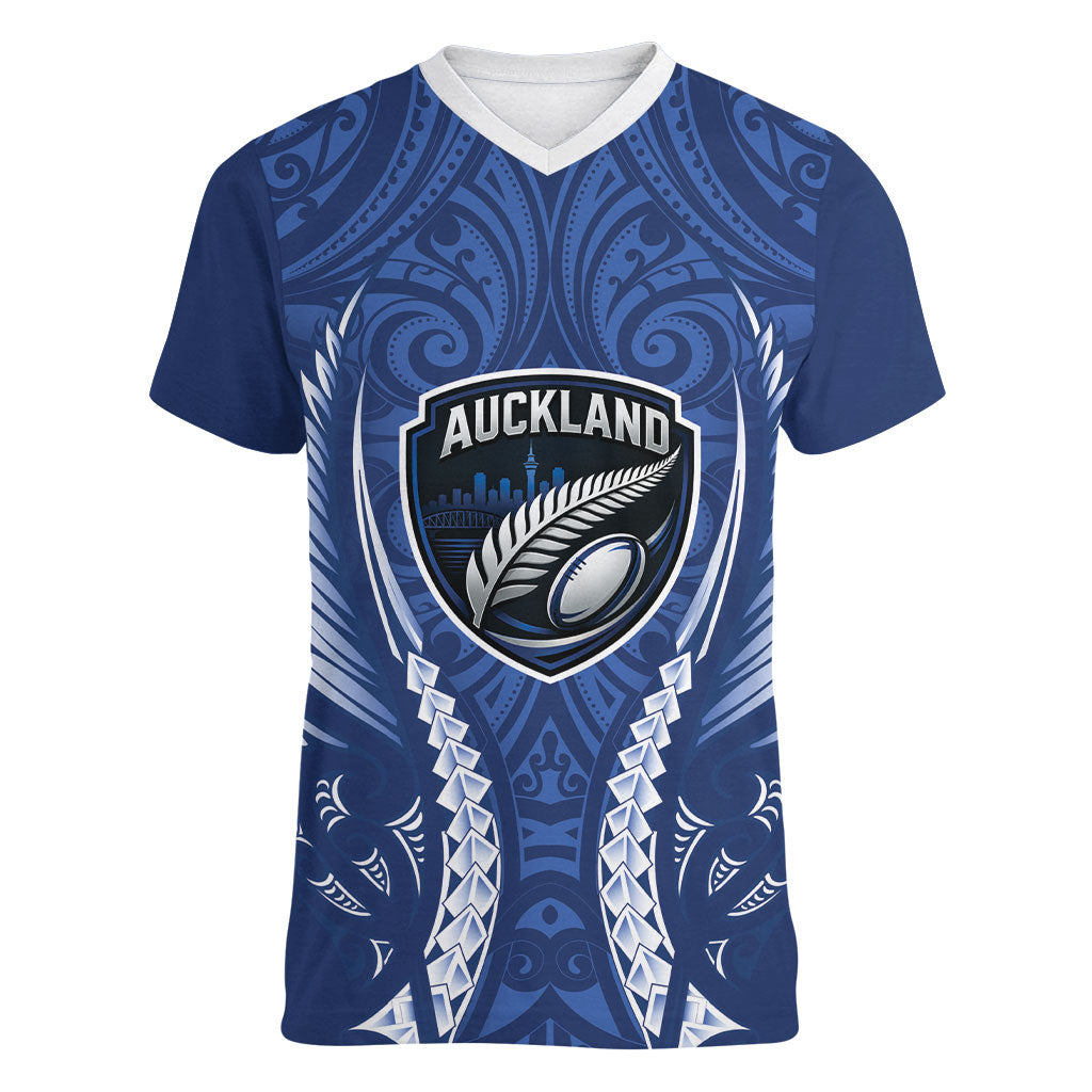 Auckland 2026 Rugby Custom Women V-Neck T-Shirt NZ Maori Silver Fern LT14 Female Blue - Polynesian Pride