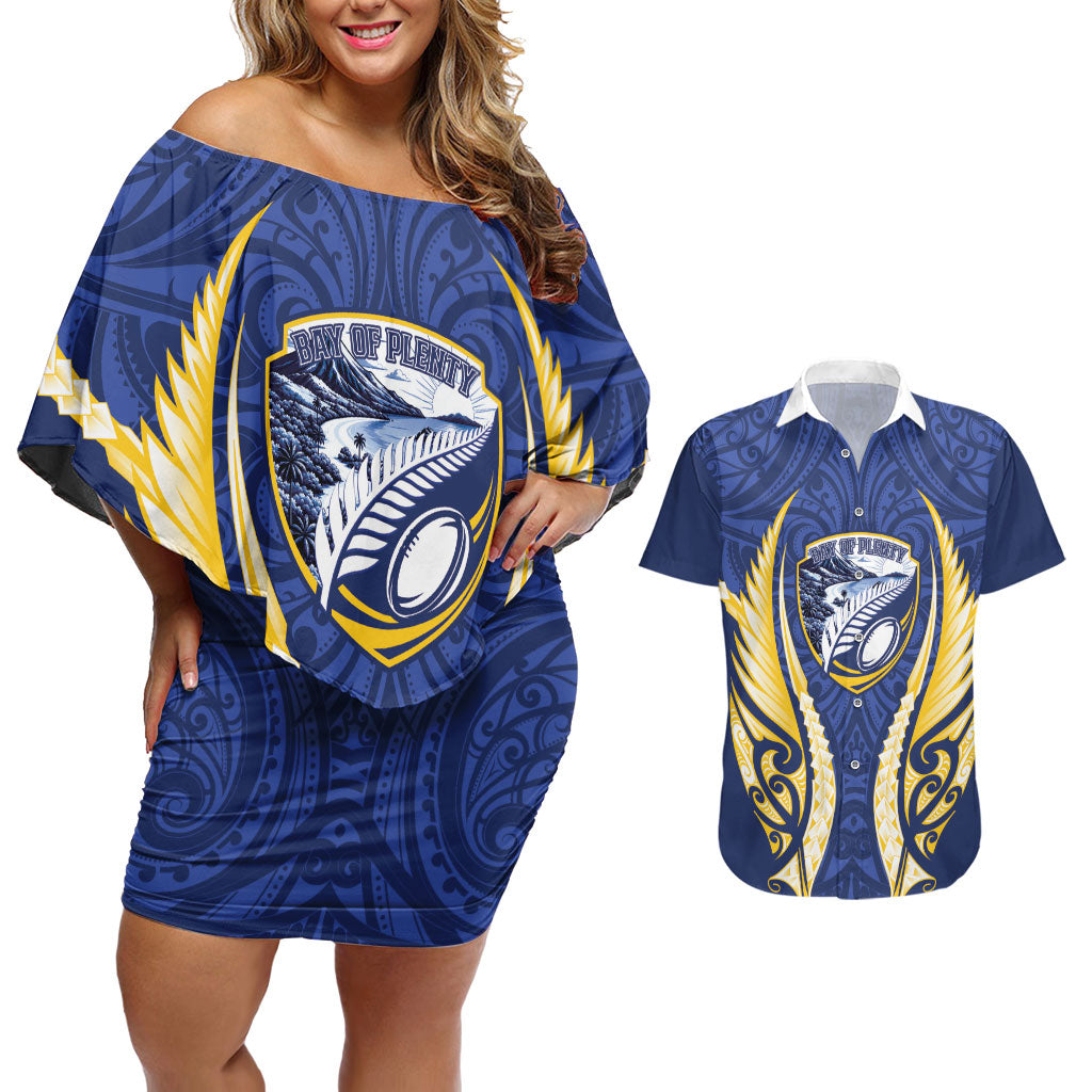 Bay of Plenty 2026 Rugby Custom Couples Matching Off Shoulder Short Dress and Hawaiian Shirt NZ Maori Silver Fern LT14 Blue - Polynesian Pride