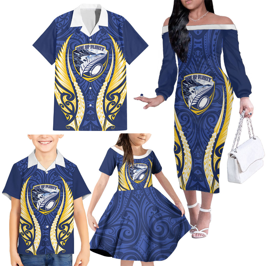 Bay of Plenty 2026 Rugby Custom Family Matching Off The Shoulder Long Sleeve Dress and Hawaiian Shirt NZ Maori Silver Fern LT14 - Polynesian Pride
