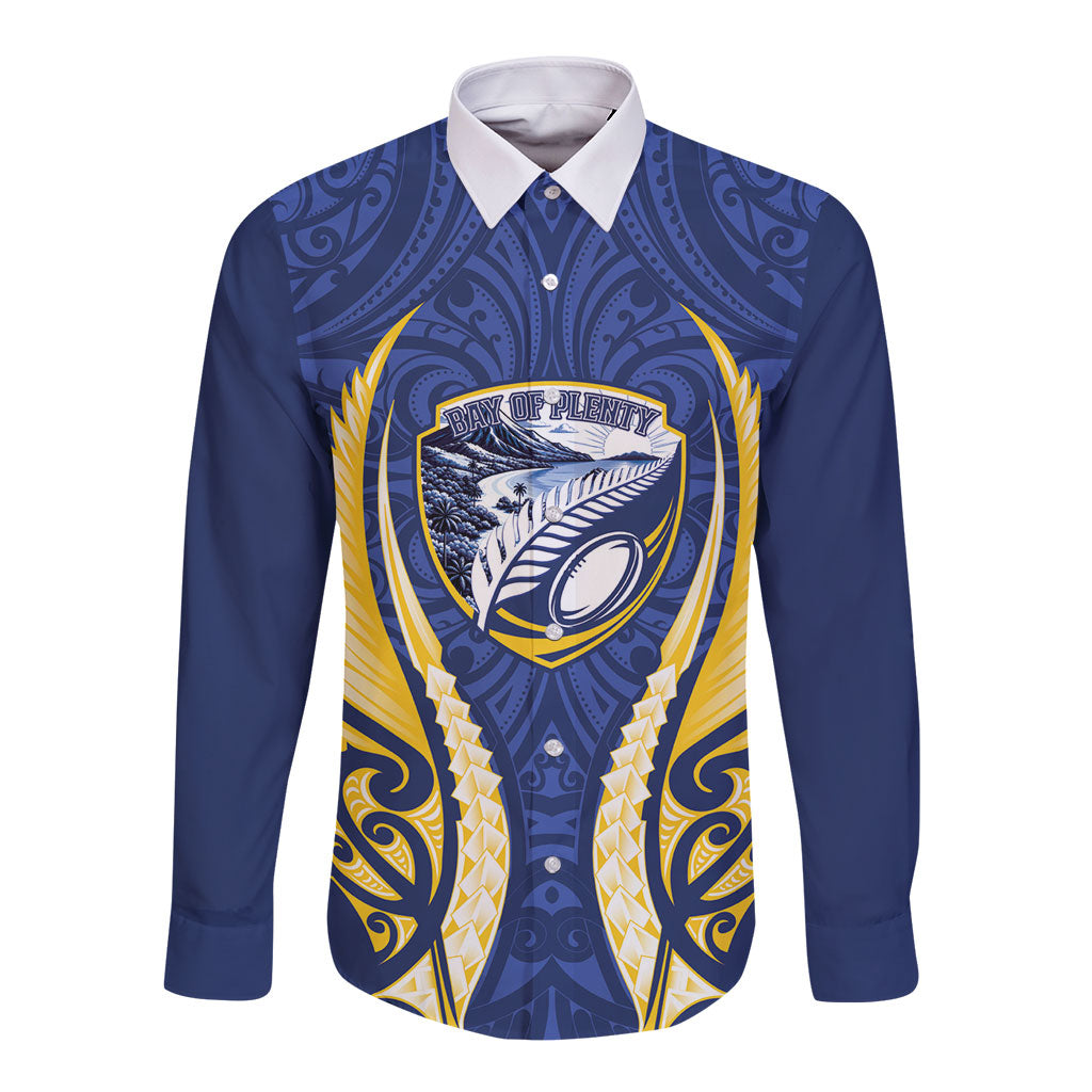 Bay of Plenty 2026 Rugby Custom Long Sleeve Button Shirt NZ Maori Silver Fern LT14 Unisex Blue - Polynesian Pride