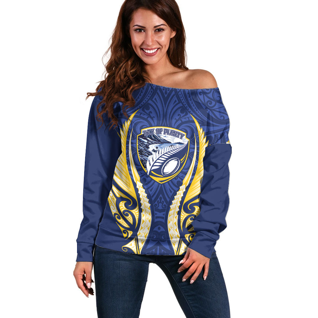 Bay of Plenty 2026 Rugby Custom Off Shoulder Sweater NZ Maori Silver Fern LT14 Women Blue - Polynesian Pride