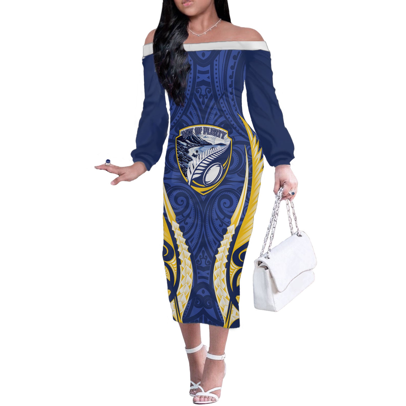 Bay of Plenty 2026 Rugby Custom Off The Shoulder Long Sleeve Dress NZ Maori Silver Fern LT14 Women Blue - Polynesian Pride