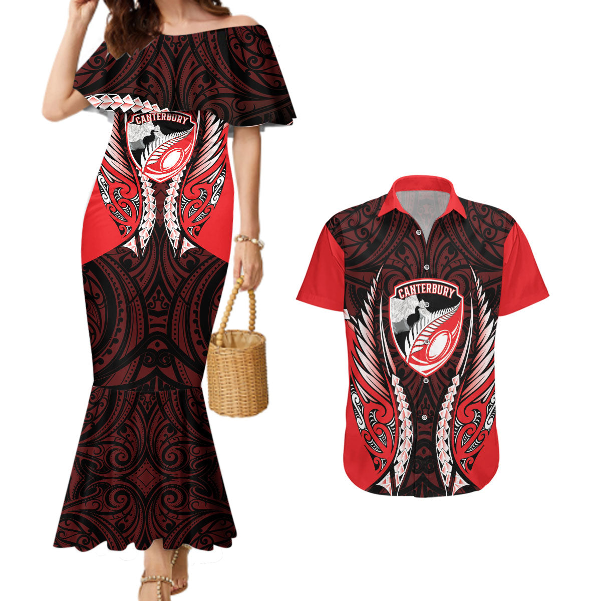 Canterbury 2026 Rugby Custom Couples Matching Mermaid Dress and Hawaiian Shirt NZ Maori Silver Fern LT14 Red - Polynesian Pride