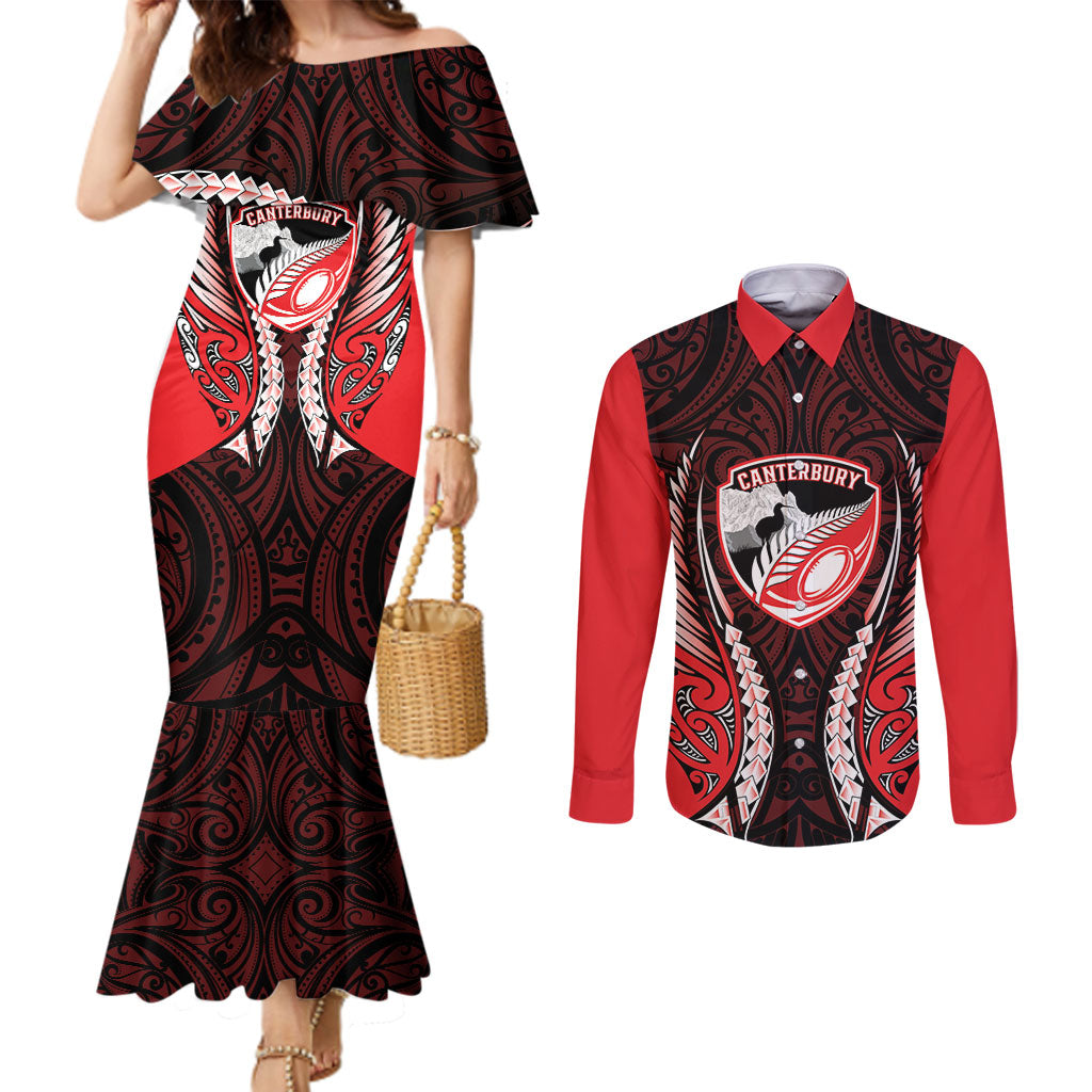 Canterbury 2026 Rugby Custom Couples Matching Mermaid Dress and Long Sleeve Button Shirt NZ Maori Silver Fern LT14 Red - Polynesian Pride
