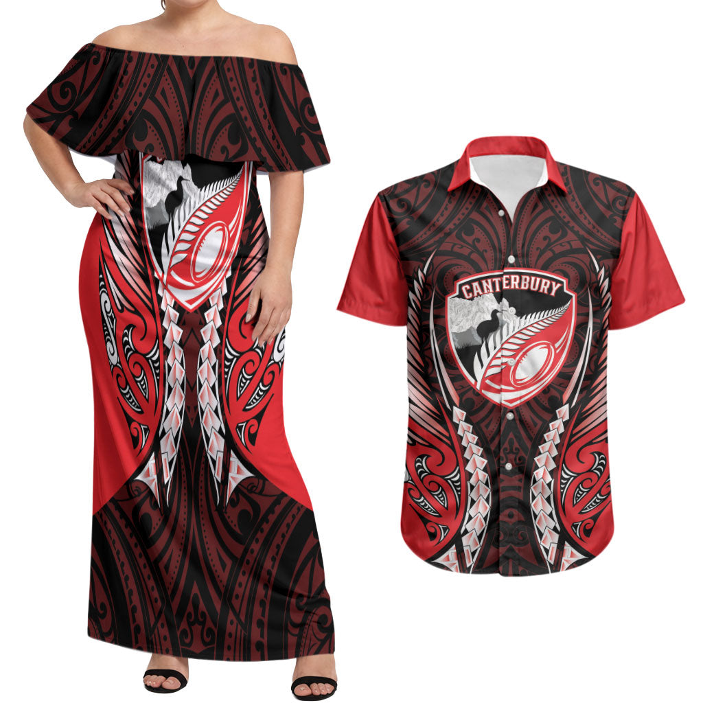 Canterbury 2026 Rugby Custom Couples Matching Off Shoulder Maxi Dress and Hawaiian Shirt NZ Maori Silver Fern LT14 Red - Polynesian Pride