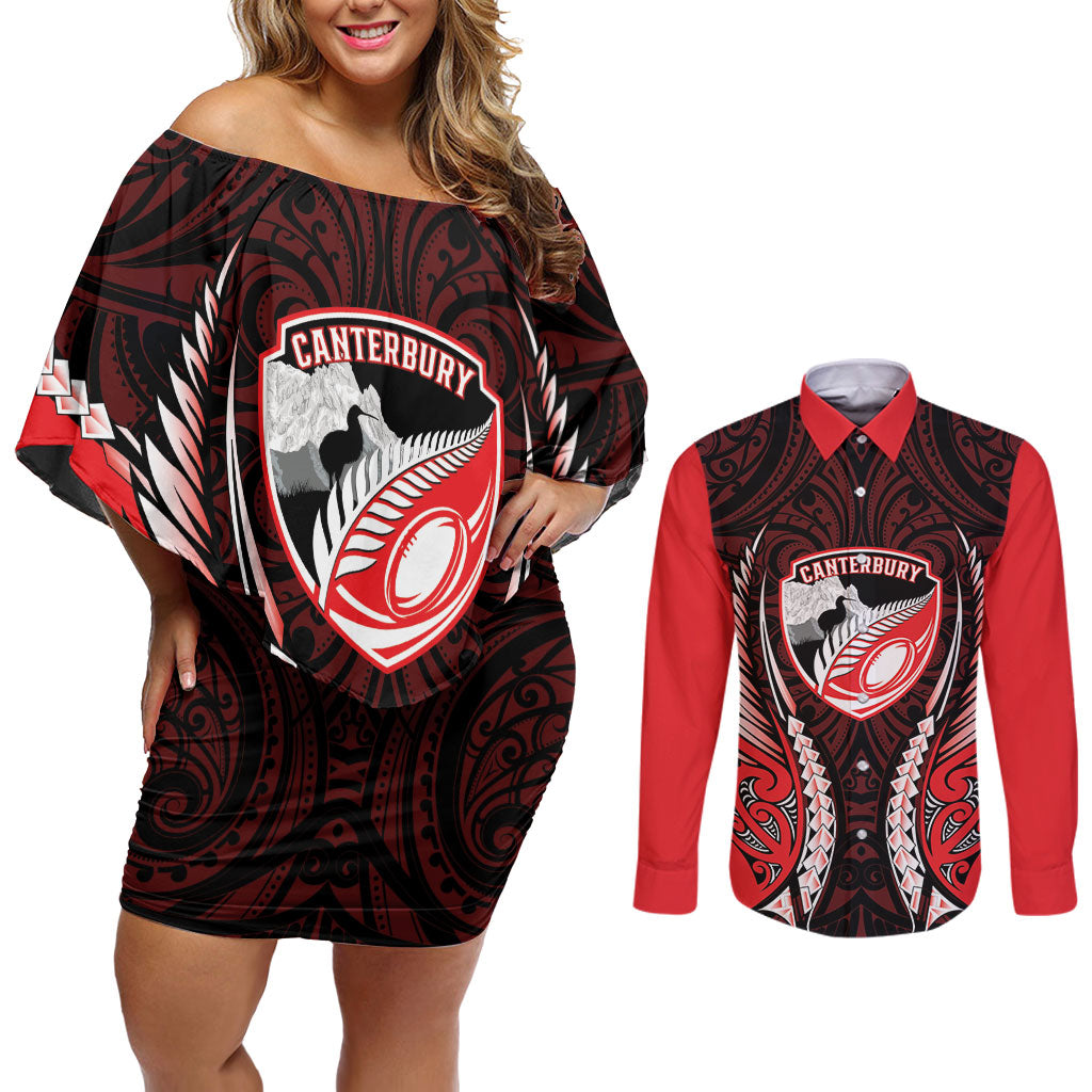 Canterbury 2026 Rugby Custom Couples Matching Off Shoulder Short Dress and Long Sleeve Button Shirt NZ Maori Silver Fern LT14 Red - Polynesian Pride