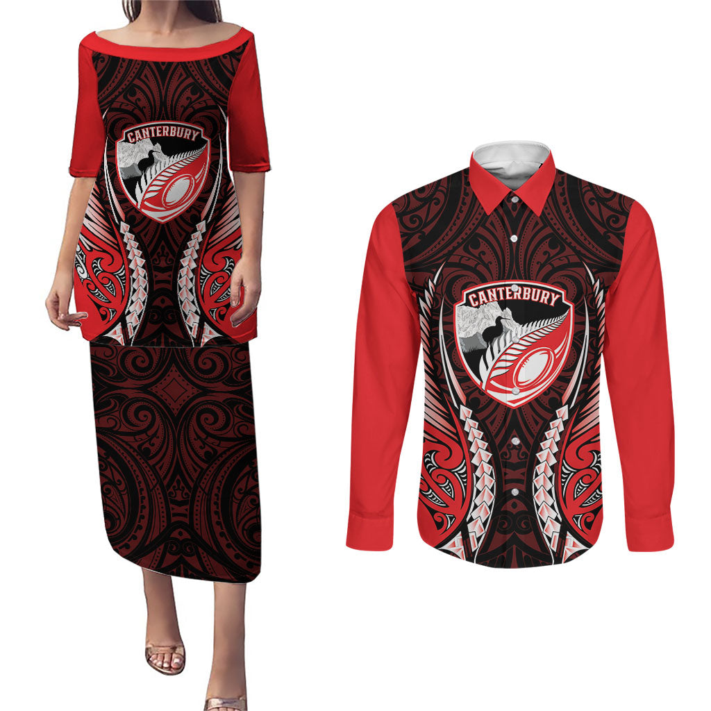 Canterbury 2026 Rugby Custom Couples Matching Puletasi and Long Sleeve Button Shirt NZ Maori Silver Fern LT14 Red - Polynesian Pride