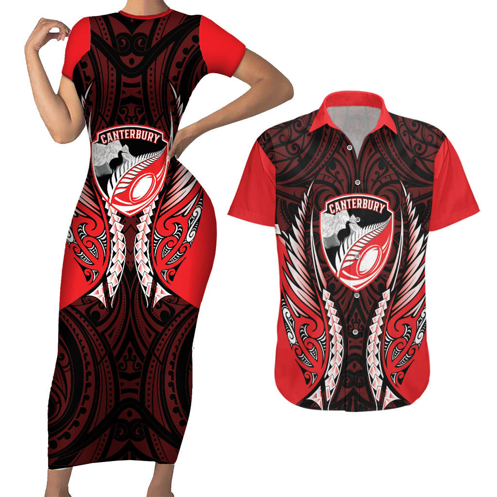Canterbury 2026 Rugby Custom Couples Matching Short Sleeve Bodycon Dress and Hawaiian Shirt NZ Maori Silver Fern LT14 Red - Polynesian Pride