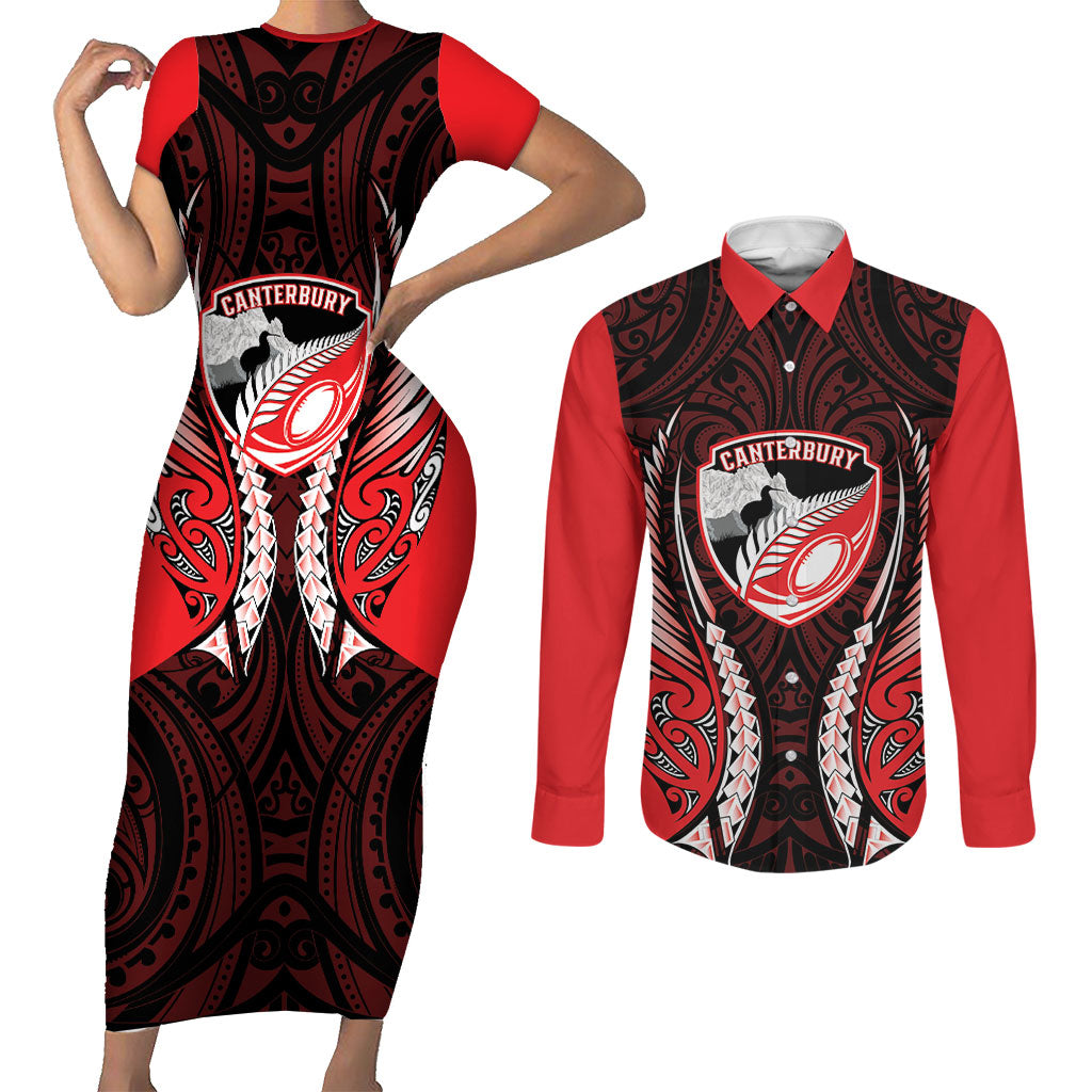 Canterbury 2026 Rugby Custom Couples Matching Short Sleeve Bodycon Dress and Long Sleeve Button Shirt NZ Maori Silver Fern LT14 Red - Polynesian Pride