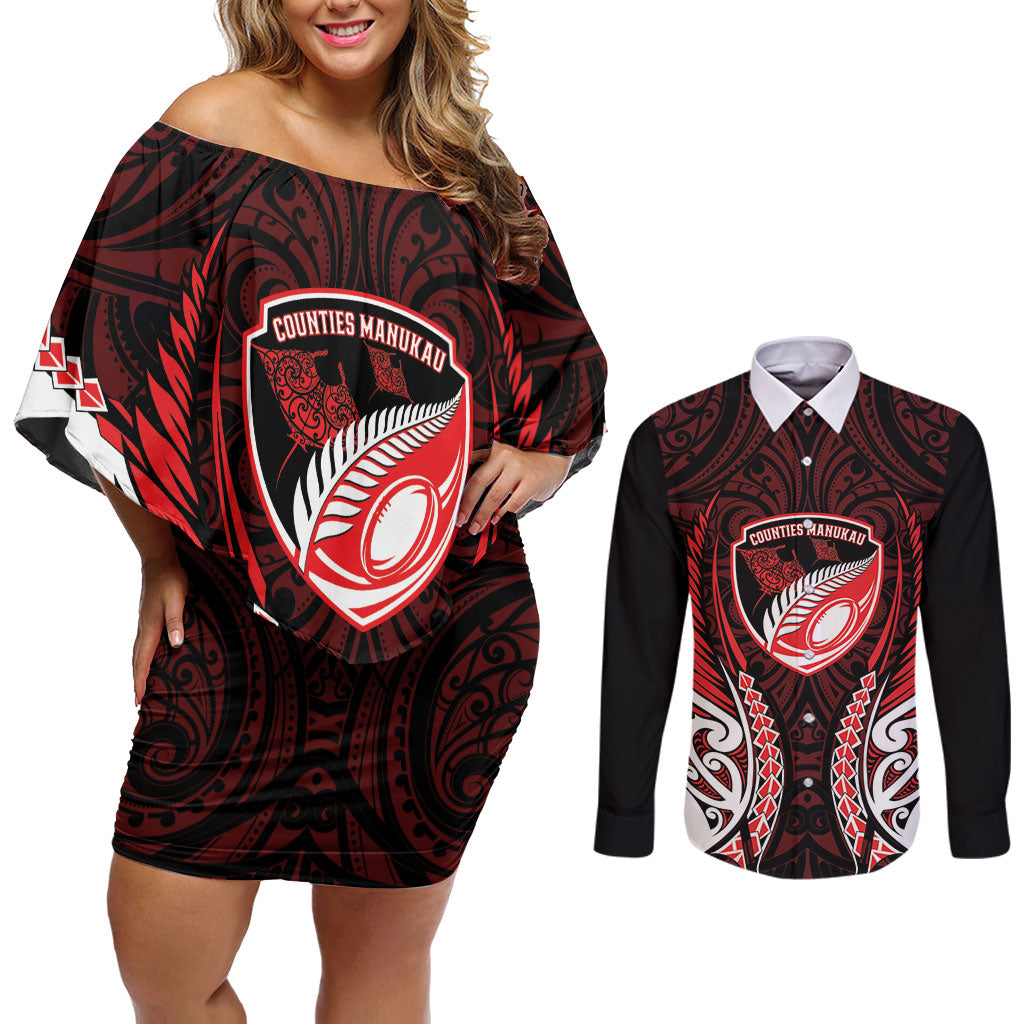 Counties Manukau 2026 Rugby Custom Couples Matching Off Shoulder Short Dress and Long Sleeve Button Shirt NZ Maori Silver Fern LT14 Red - Polynesian Pride
