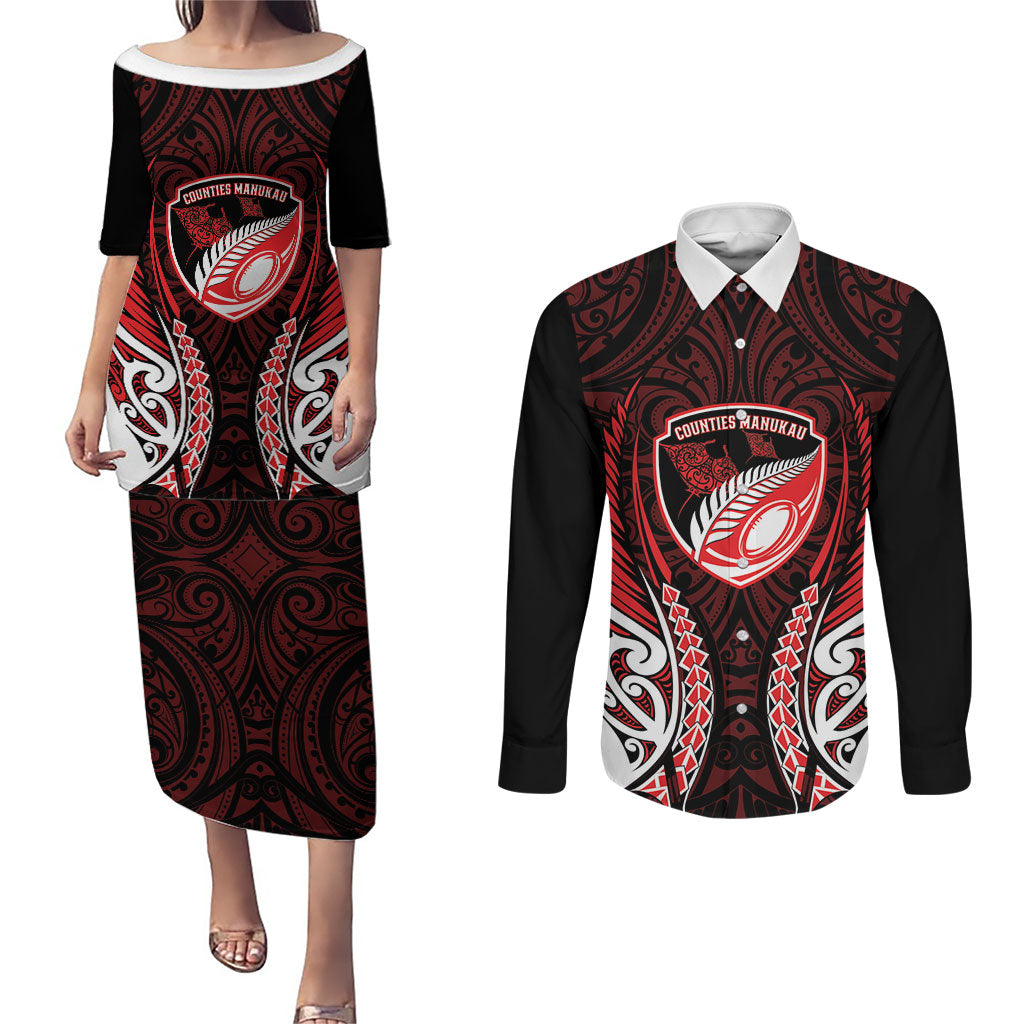 Counties Manukau 2026 Rugby Custom Couples Matching Puletasi and Long Sleeve Button Shirt NZ Maori Silver Fern LT14 Red - Polynesian Pride