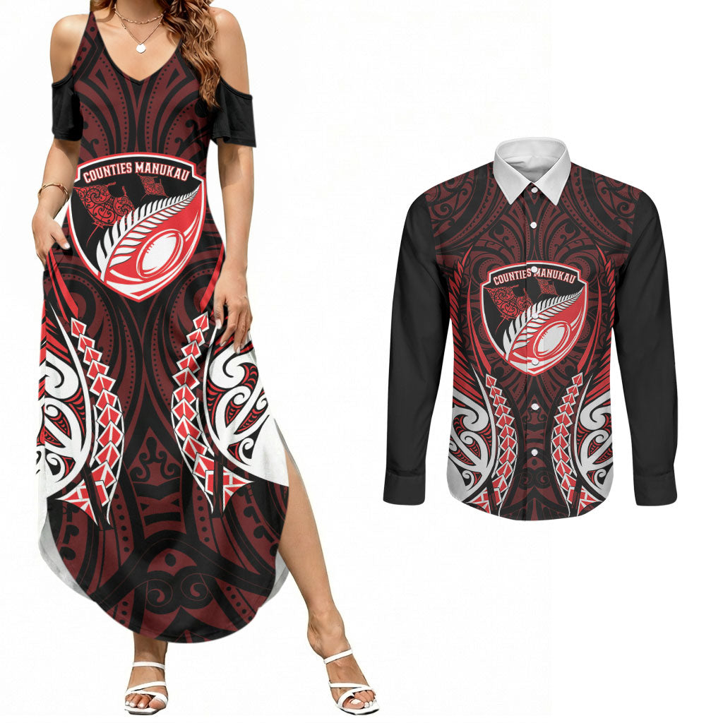 Counties Manukau 2026 Rugby Custom Couples Matching Summer Maxi Dress and Long Sleeve Button Shirt NZ Maori Silver Fern LT14 Red - Polynesian Pride