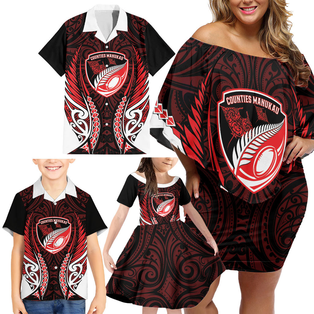 Counties Manukau 2026 Rugby Custom Family Matching Off Shoulder Short Dress and Hawaiian Shirt NZ Maori Silver Fern