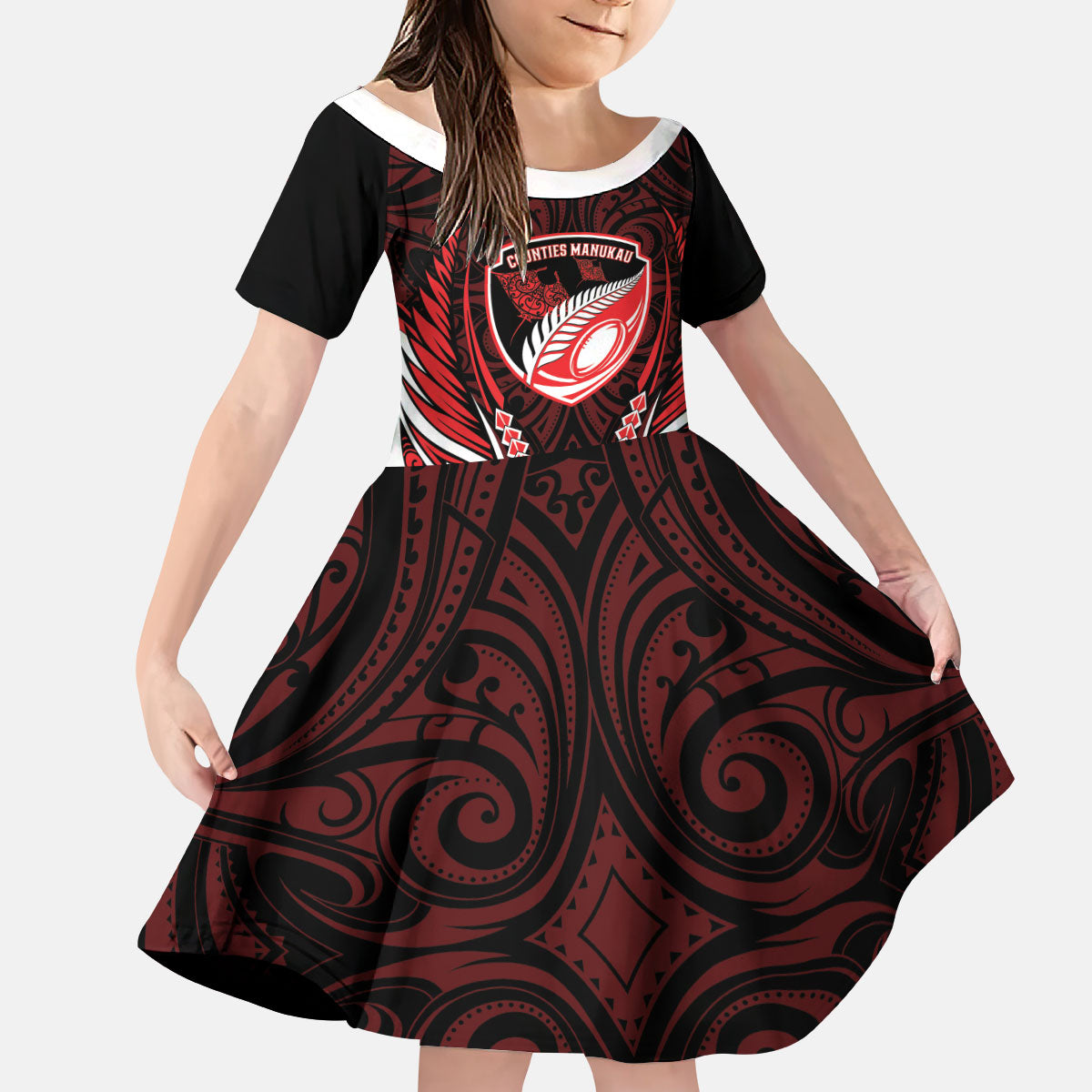 Counties Manukau 2026 Rugby Custom Kid Short Sleeve Dress NZ Maori Silver Fern LT14 KID Red - Polynesian Pride
