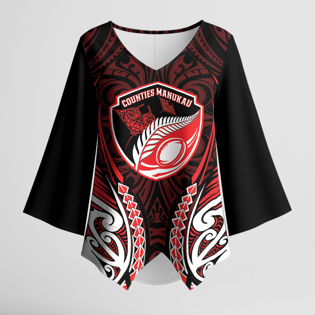 Counties Manukau 2026 Rugby Custom Kimono Sleeve Blouse NZ Maori Silver Fern LT14 Female Red - Polynesian Pride