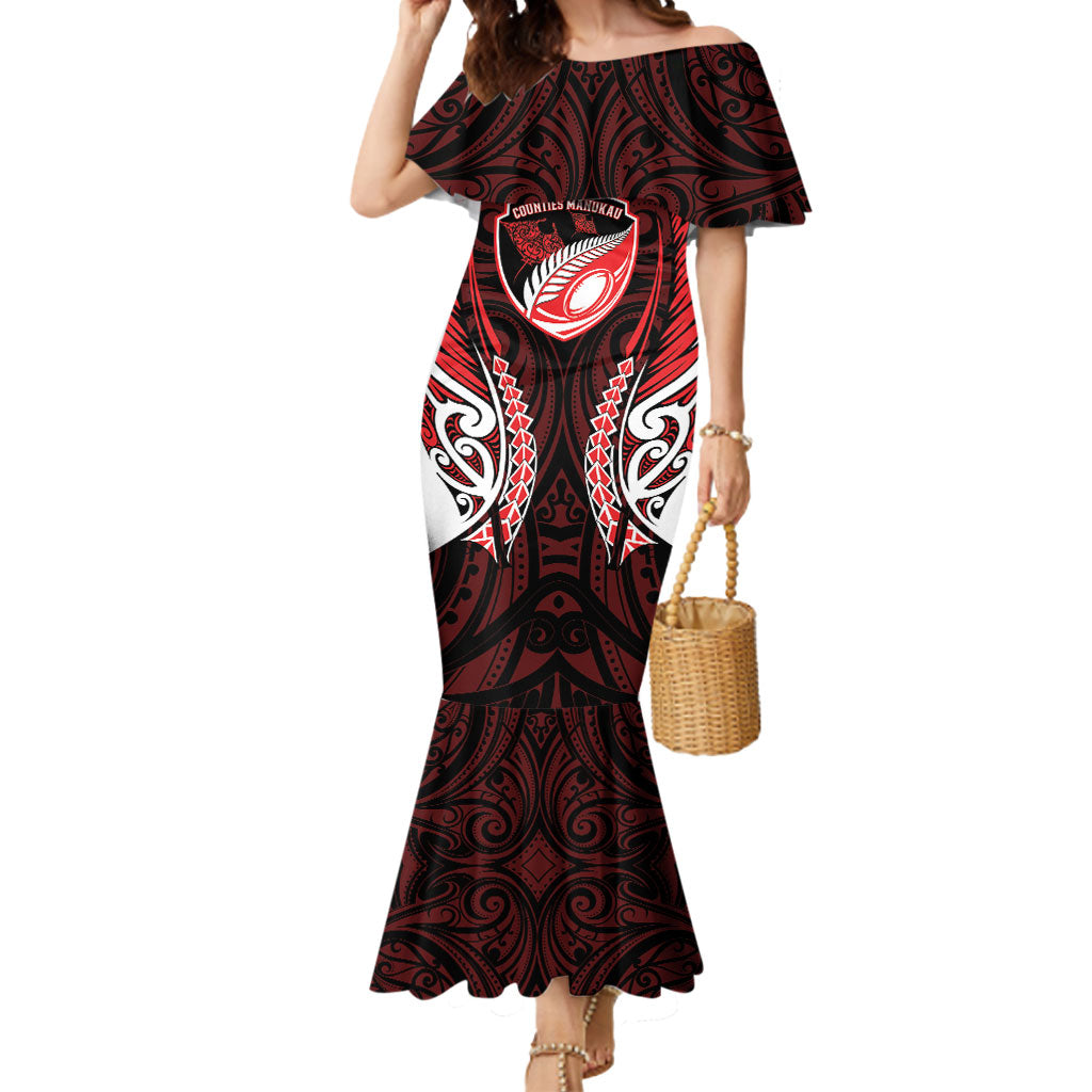 Counties Manukau 2026 Rugby Custom Mermaid Dress NZ Maori Silver Fern LT14 Women Red - Polynesian Pride