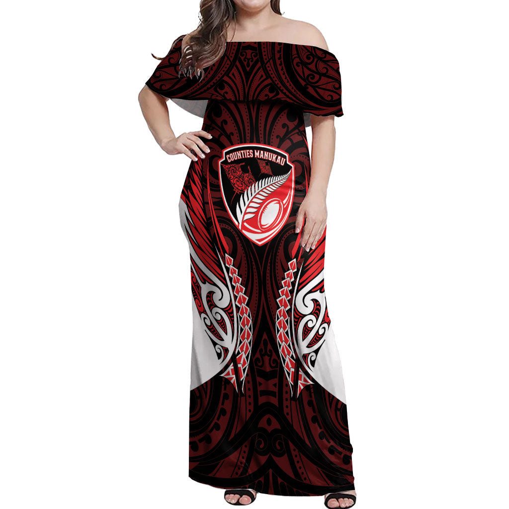 Counties Manukau 2026 Rugby Custom Off Shoulder Maxi Dress NZ Maori Silver Fern