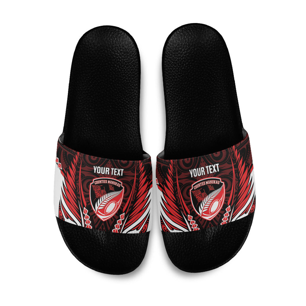 Counties Manukau 2026 Rugby Custom Slide Sandals NZ Maori Silver Fern LT14 Red - Polynesian Pride