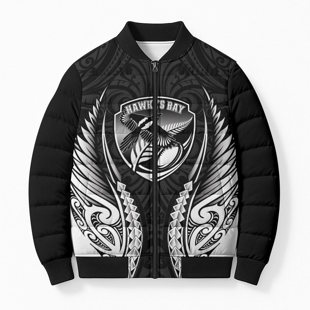 Hawke's Bay 2026 Rugby Custom Bomber Puffer Jacket NZ Maori Silver Fern LT14 Unisex Black - Polynesian Pride