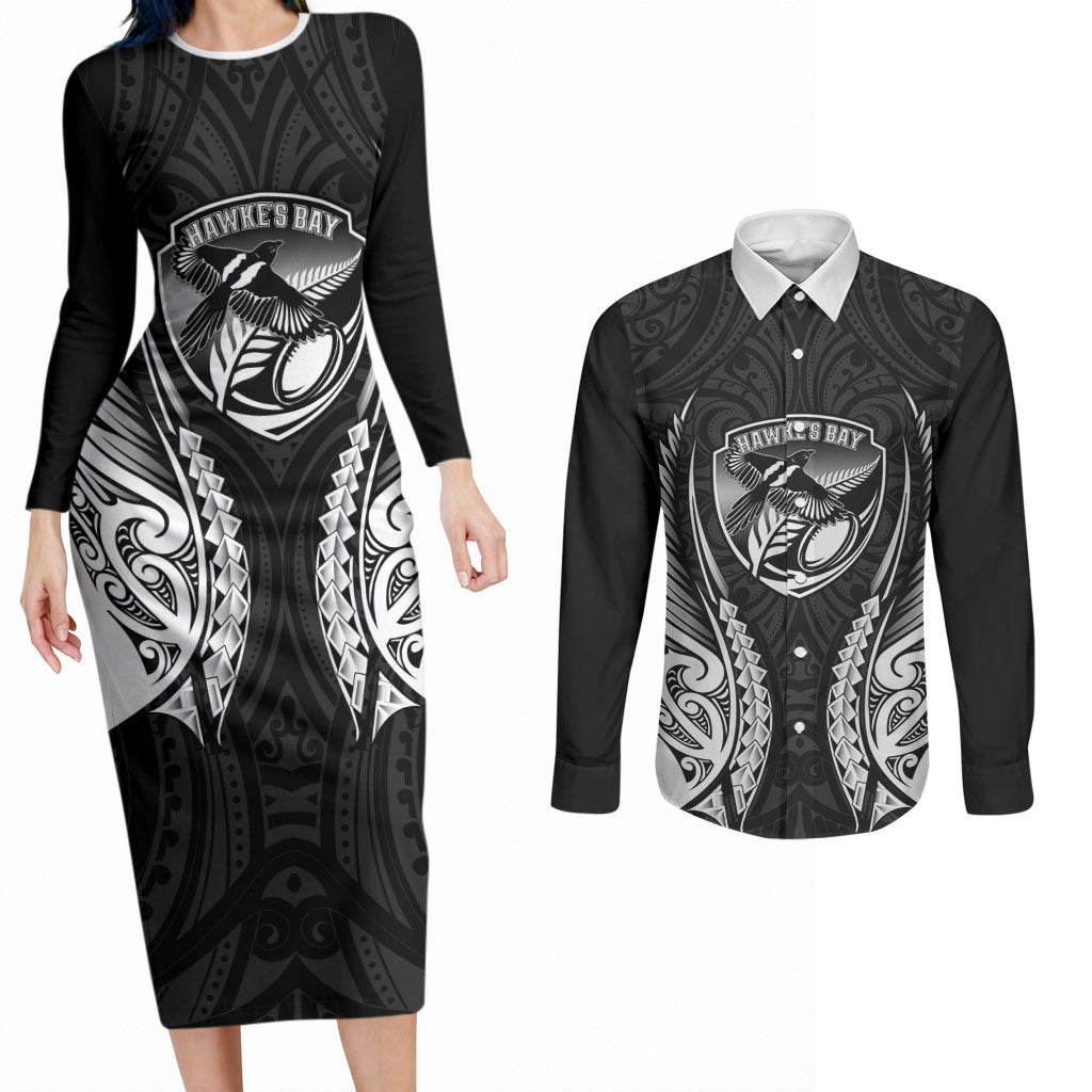 Hawke's Bay 2026 Rugby Custom Couples Matching Long Sleeve Bodycon Dress and Long Sleeve Button Shirt NZ Maori Silver Fern LT14 Black - Polynesian Pride