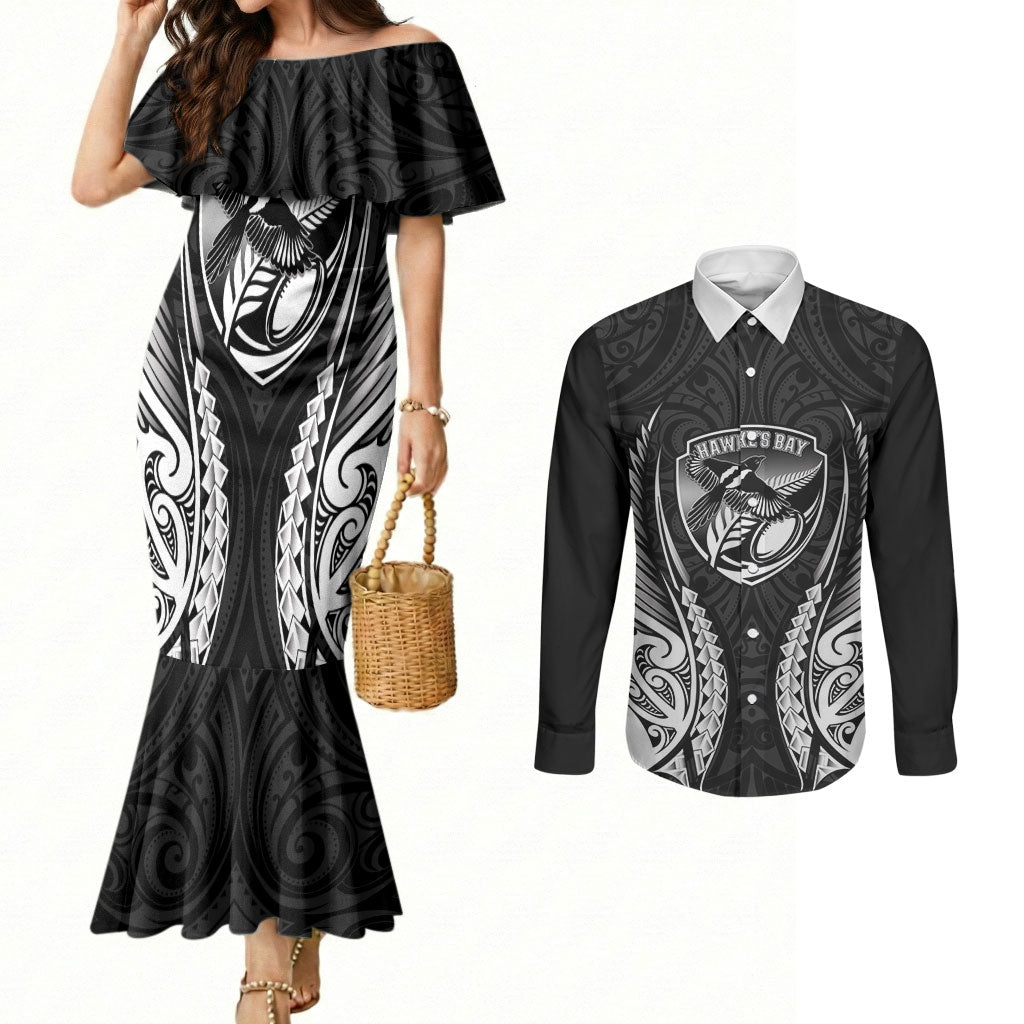 Hawke's Bay 2026 Rugby Custom Couples Matching Mermaid Dress and Long Sleeve Button Shirt NZ Maori Silver Fern LT14 Black - Polynesian Pride