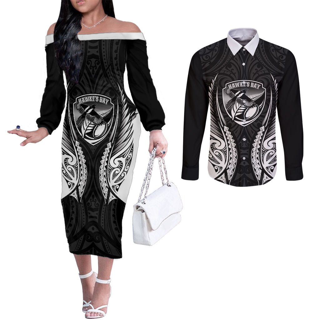 Hawke's Bay 2026 Rugby Custom Couples Matching Off The Shoulder Long Sleeve Dress and Long Sleeve Button Shirt NZ Maori Silver Fern