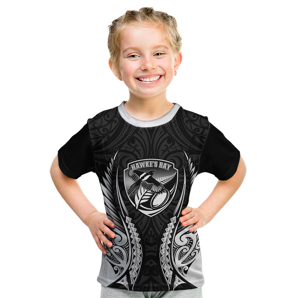 Hawke's Bay 2026 Rugby Custom Kid T Shirt NZ Maori Silver Fern LT14 Black - Polynesian Pride