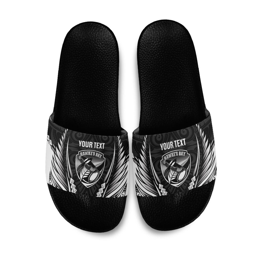 Hawke's Bay 2026 Rugby Custom Slide Sandals NZ Maori Silver Fern LT14 Black - Polynesian Pride