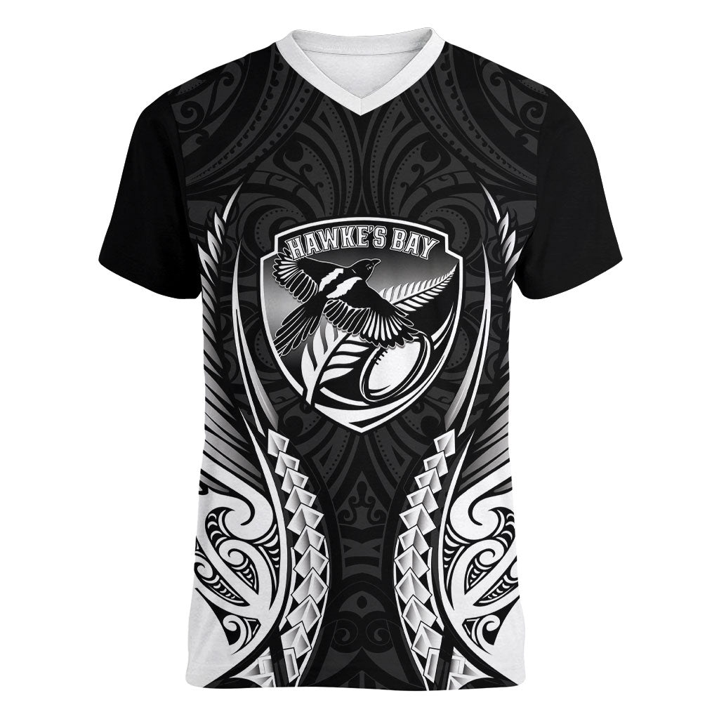 Hawke's Bay 2026 Rugby Custom Women V-Neck T-Shirt NZ Maori Silver Fern LT14 Female Black - Polynesian Pride