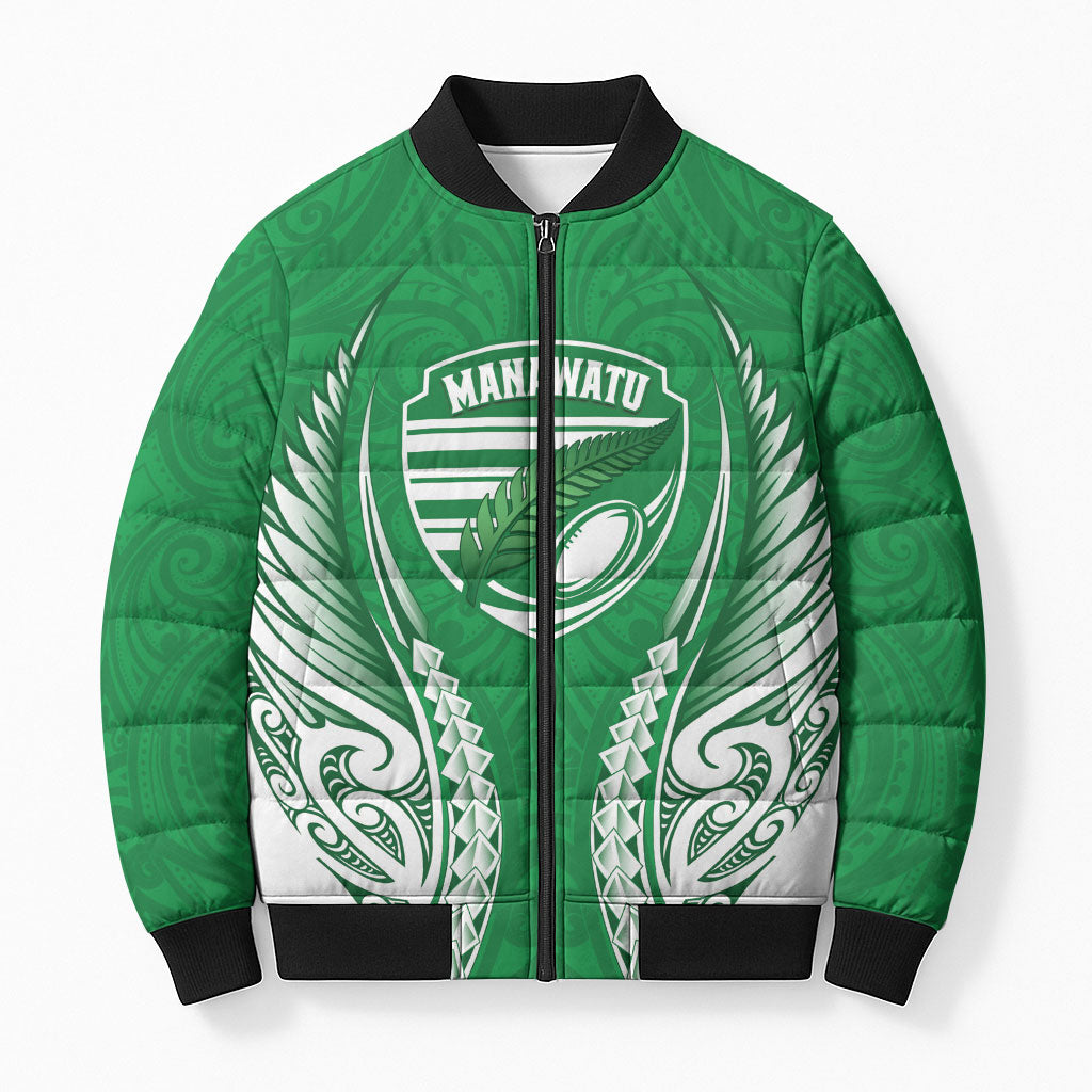 Manawatu 2026 Rugby Custom Bomber Puffer Jacket NZ Maori Silver Fern LT14 Unisex Green - Polynesian Pride