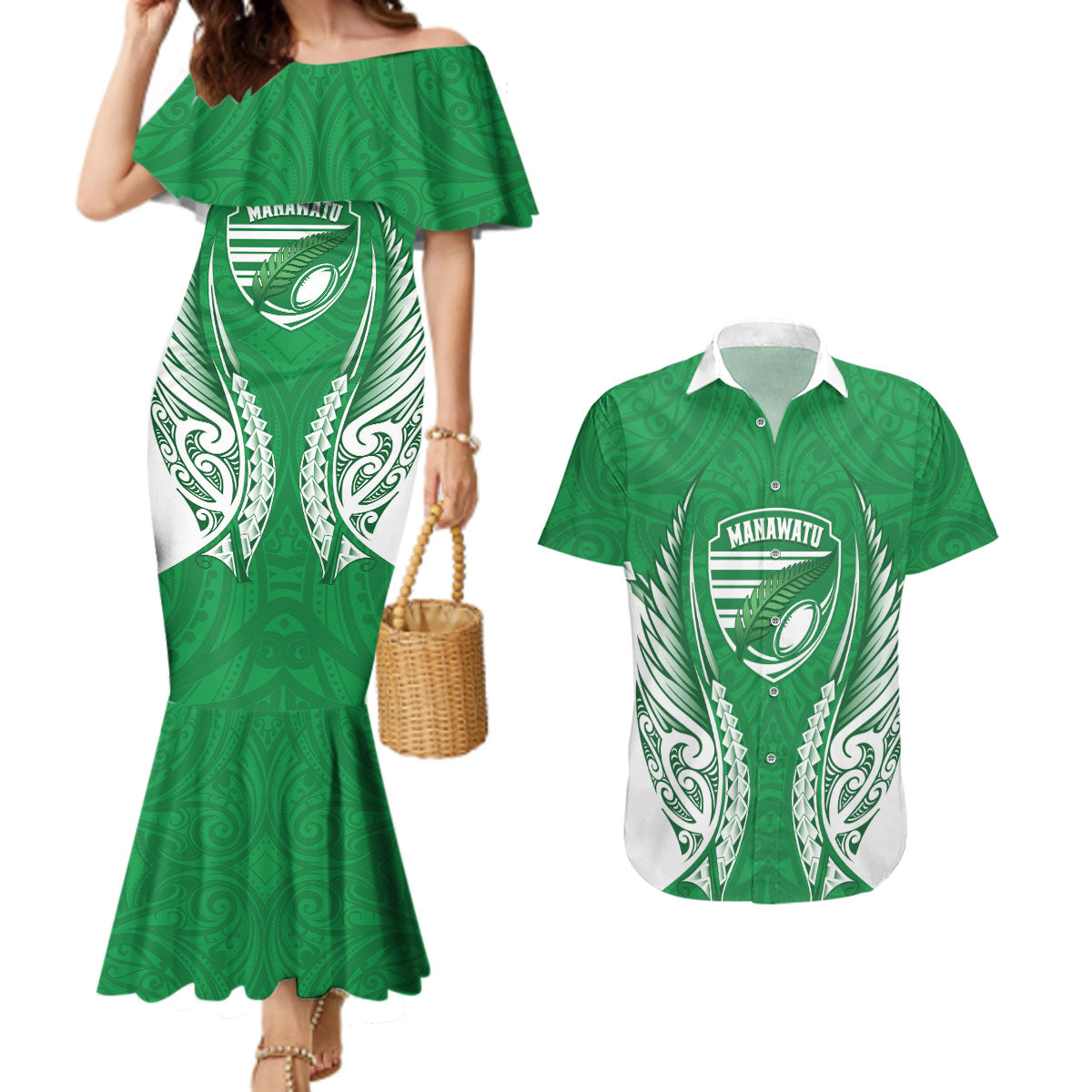 Manawatu 2026 Rugby Custom Couples Matching Mermaid Dress and Hawaiian Shirt NZ Maori Silver Fern