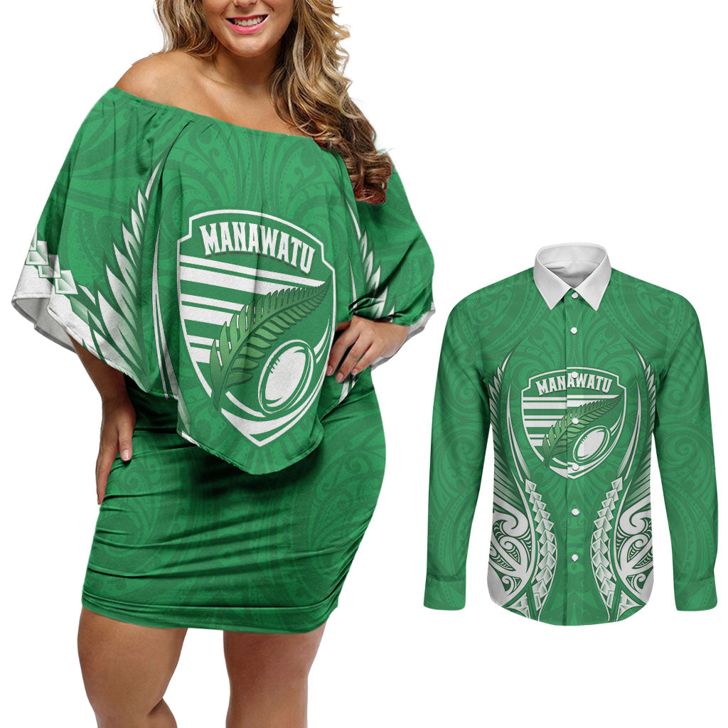 Manawatu 2026 Rugby Custom Couples Matching Off Shoulder Short Dress and Long Sleeve Button Shirt NZ Maori Silver Fern LT14 Green - Polynesian Pride