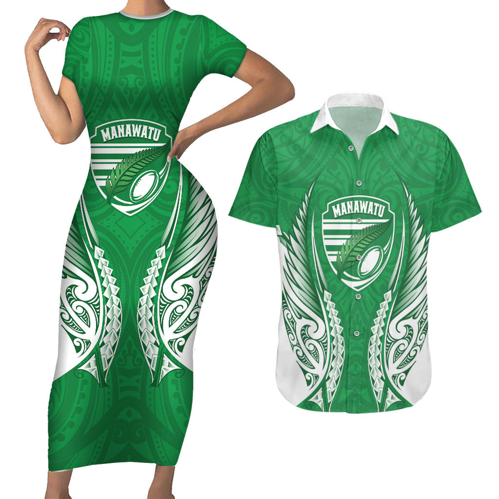 Manawatu 2026 Rugby Custom Couples Matching Short Sleeve Bodycon Dress and Hawaiian Shirt NZ Maori Silver Fern