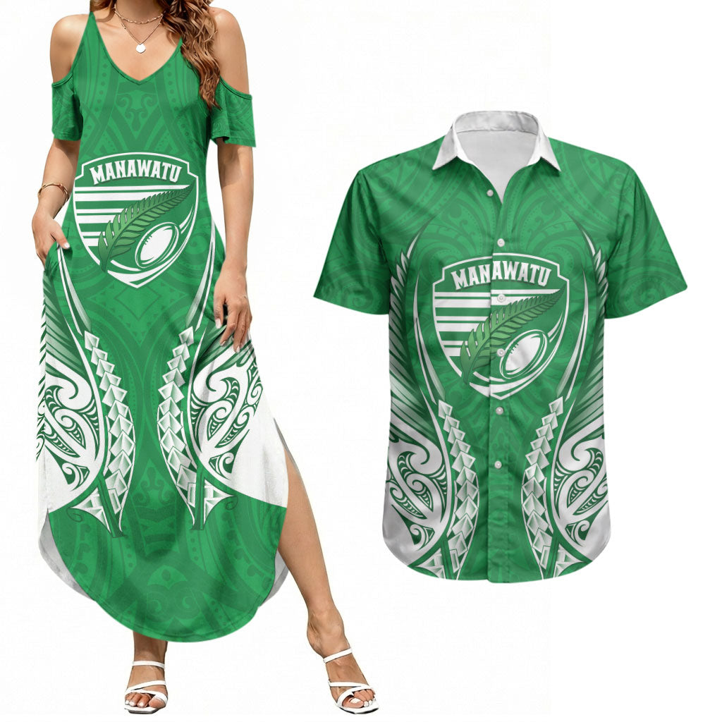 Manawatu 2026 Rugby Custom Couples Matching Summer Maxi Dress and Hawaiian Shirt NZ Maori Silver Fern LT14 Green - Polynesian Pride