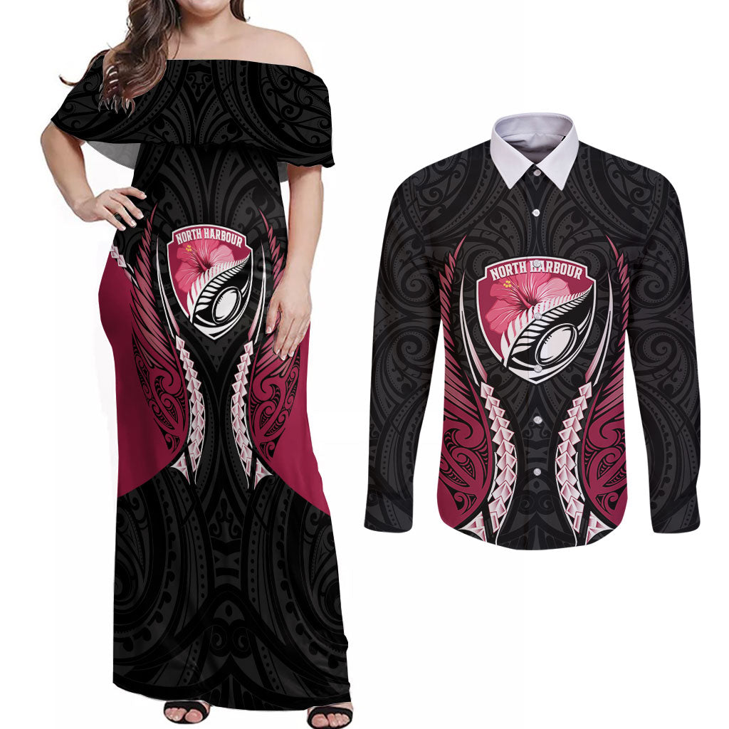North Harbour 2026 Rugby Custom Couples Matching Off Shoulder Maxi Dress and Long Sleeve Button Shirt NZ Maori Silver Fern