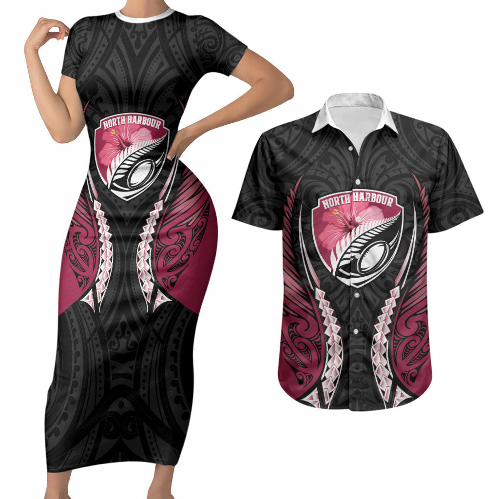 North Harbour 2026 Rugby Custom Couples Matching Short Sleeve Bodycon Dress and Hawaiian Shirt NZ Maori Silver Fern LT14 Maroon - Polynesian Pride