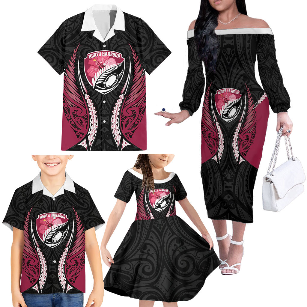 North Harbour 2026 Rugby Custom Family Matching Off The Shoulder Long Sleeve Dress and Hawaiian Shirt NZ Maori Silver Fern