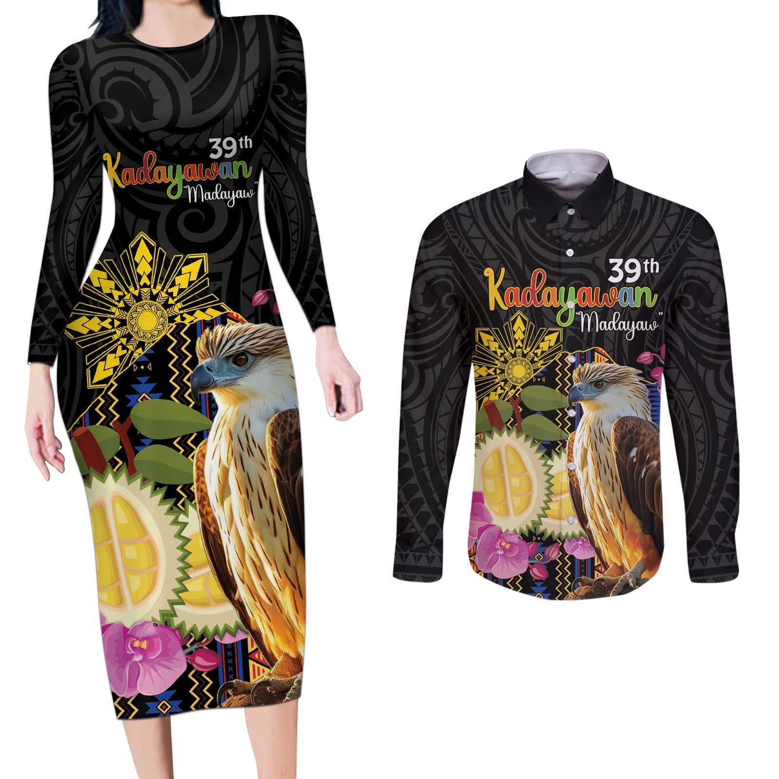 Kadayawan Philippines Couples Matching Long Sleeve Bodycon Dress and Long Sleeve Button Shirt Filipino Eagle Happy 39th Anniversary