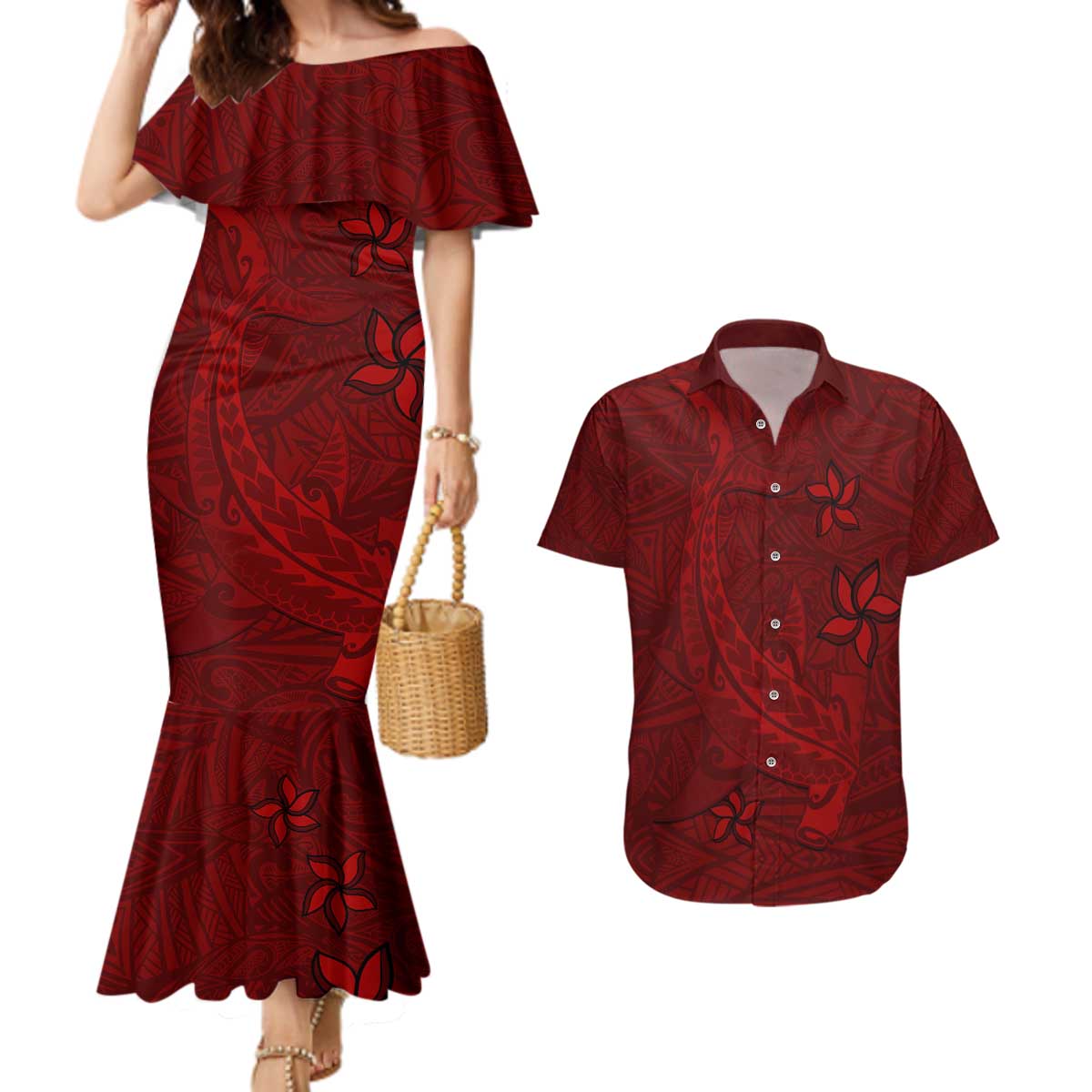 Oxblood Polynesia Couples Matching Mermaid Dress and Hawaiian Shirt Hawaiian Tribal Hammerhead Shark Tattoo